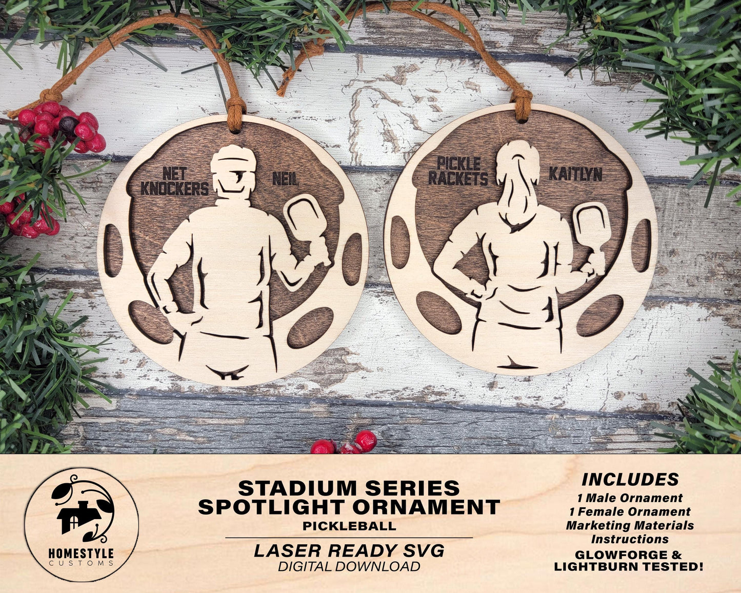 Stadium Series Spotlight Ornaments - Pickleball Male and Female Options - SVG, PDF, AI File Download - Works with all Laser Types