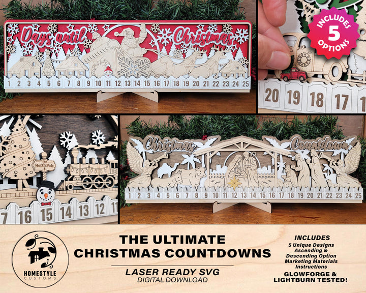 The Ultimate Christmas Countdowns - 5 Designs with Ascending and Descending Options - SVG, PDF, AI File Download - Works with all lasers