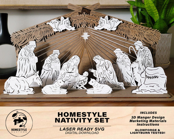 Homestyle Nativity Set - Includes 12 Characters - SVG, PDF, AI File Download - Works with all Lasers