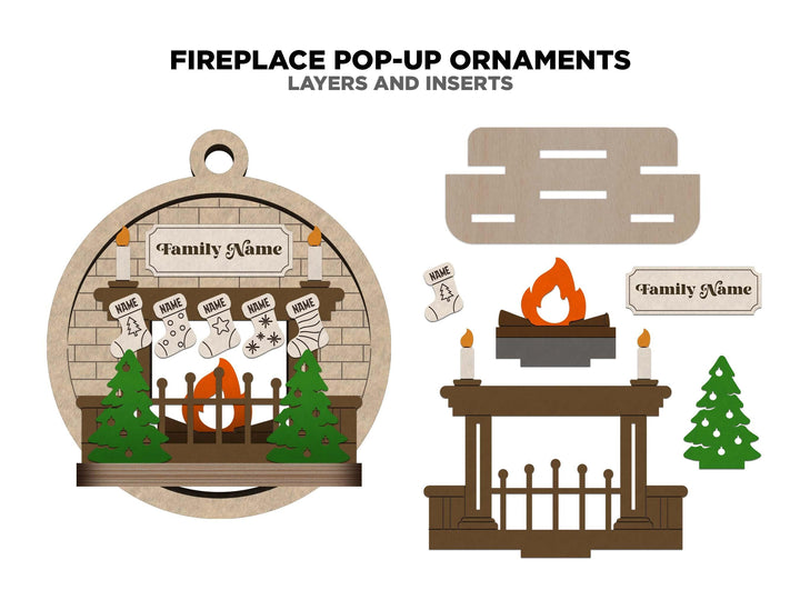 Fireplace Pop-Up Ornament - Personalize with up to 6 Names - SVG, PDF, AI File types - Works With All Lasers