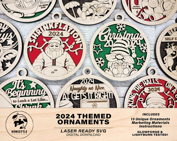 2024 Themed Ornaments - 13 Unique Laser Designs - SVG, PDF, AI File Download - Works with all Lasers