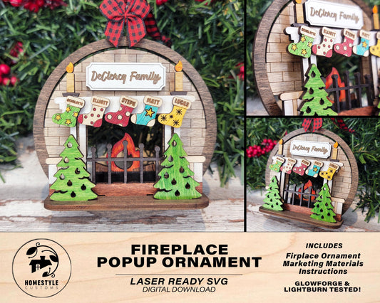 Fireplace Pop-Up Ornament - Personalize with up to 6 Names - SVG, PDF, AI File types - Works With All Lasers