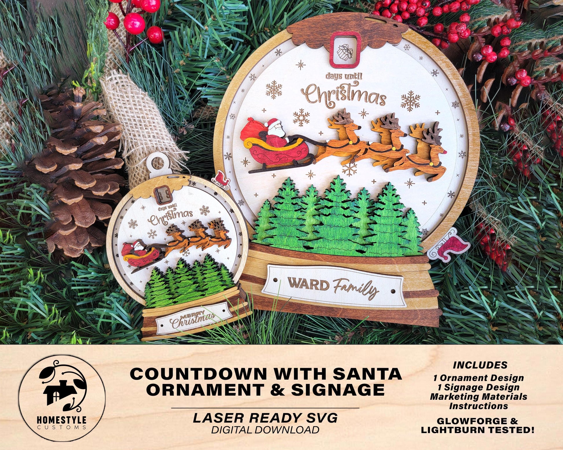 Countdown with Santa - Ornament & Signage - Personalize with a Family Name- SVG, PDF, AI File types - Works With All Lasers