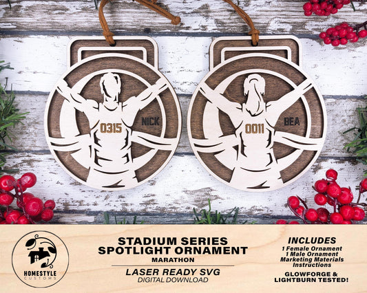 Stadium Series Spotlight Ornaments - Marathon Running - Male and Female Options - SVG, PDF, AI File Download - Works with all Laser Types