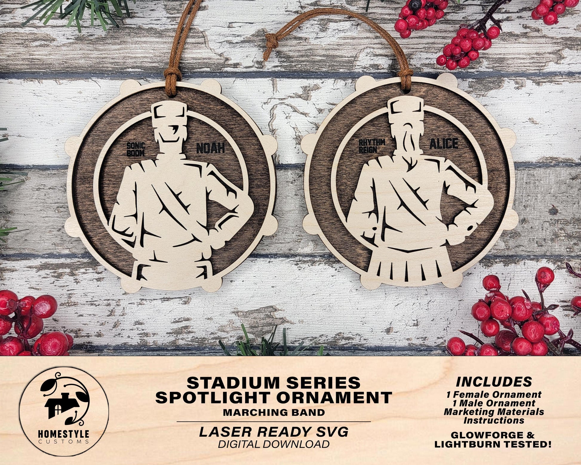 Stadium Series Spotlight Ornaments - Marching Band - Male and Female Options - SVG, PDF, AI File Download - Works with all Laser Types