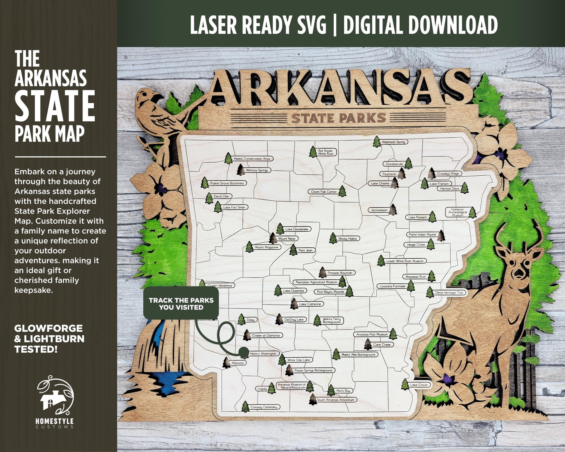 The Arkansas State Park Map - Custom and Non Customizable Options - SVG, PDF File Download - Tested in Lightburn and Glowforge & Xtool