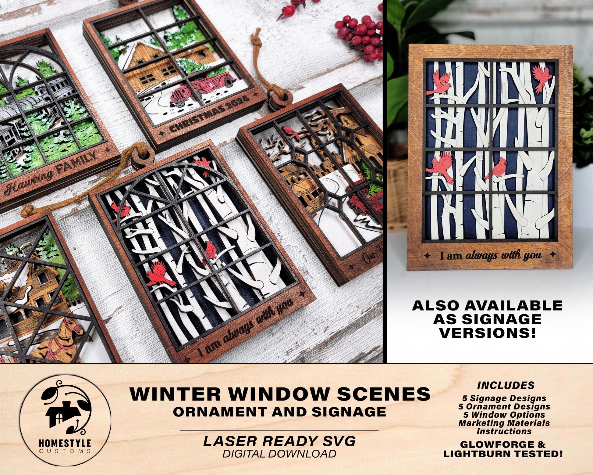 Winter Window Scenes - 5 Layered Ornaments and Signage Laser Designs - SVG, PDF, AI File Download - Works with all Lasers