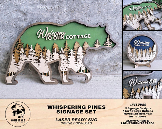 Whispering Pine Signage Set - 11 Signage Options & 7 Text Options - 3 Layer Designs - SVG, PDF, AI File Download - Works with all Lasers