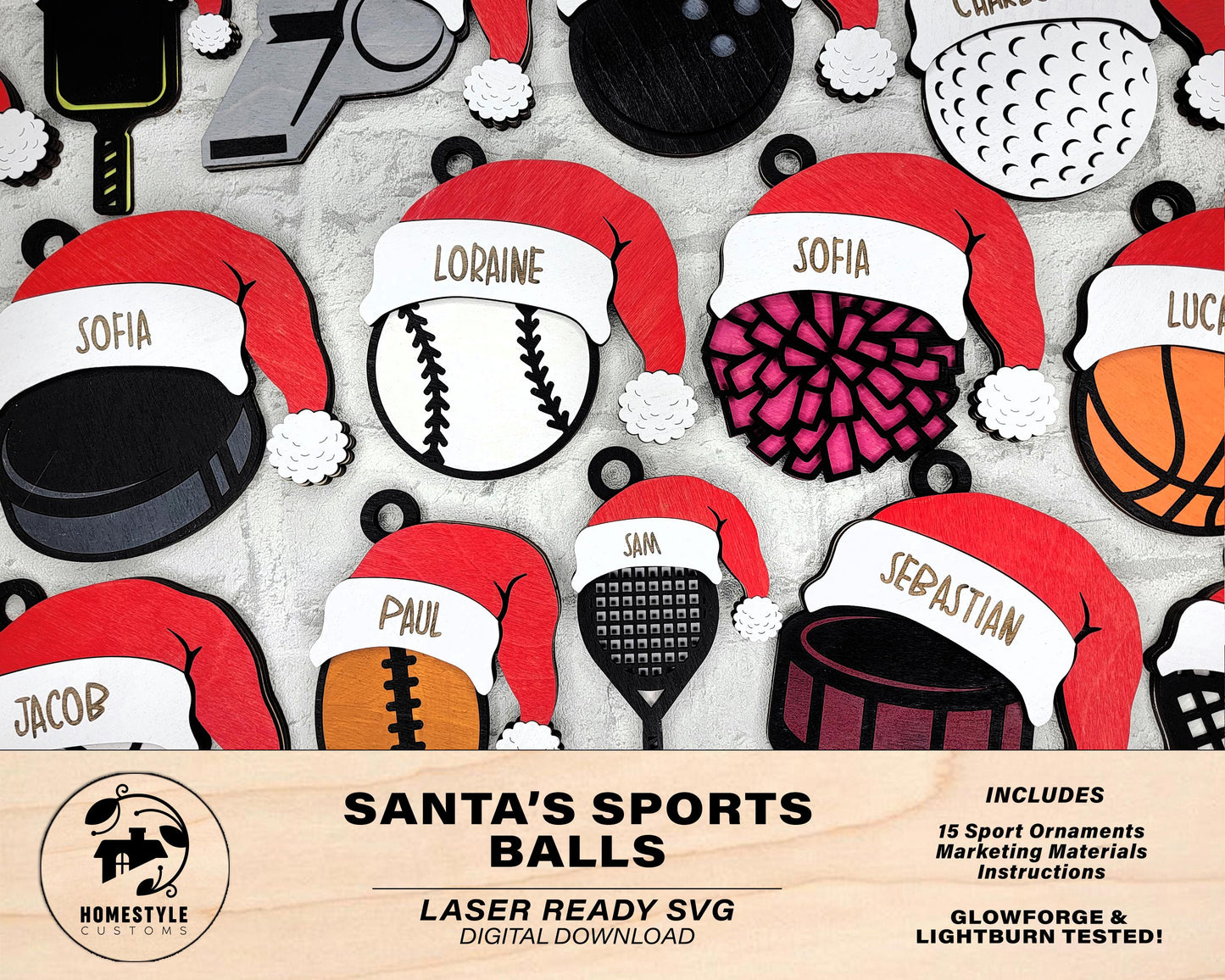 Santa's Sports Balls - 15 Unique Ornament Designs - SVG, PDF, AI File Download - Works on all Laser Types