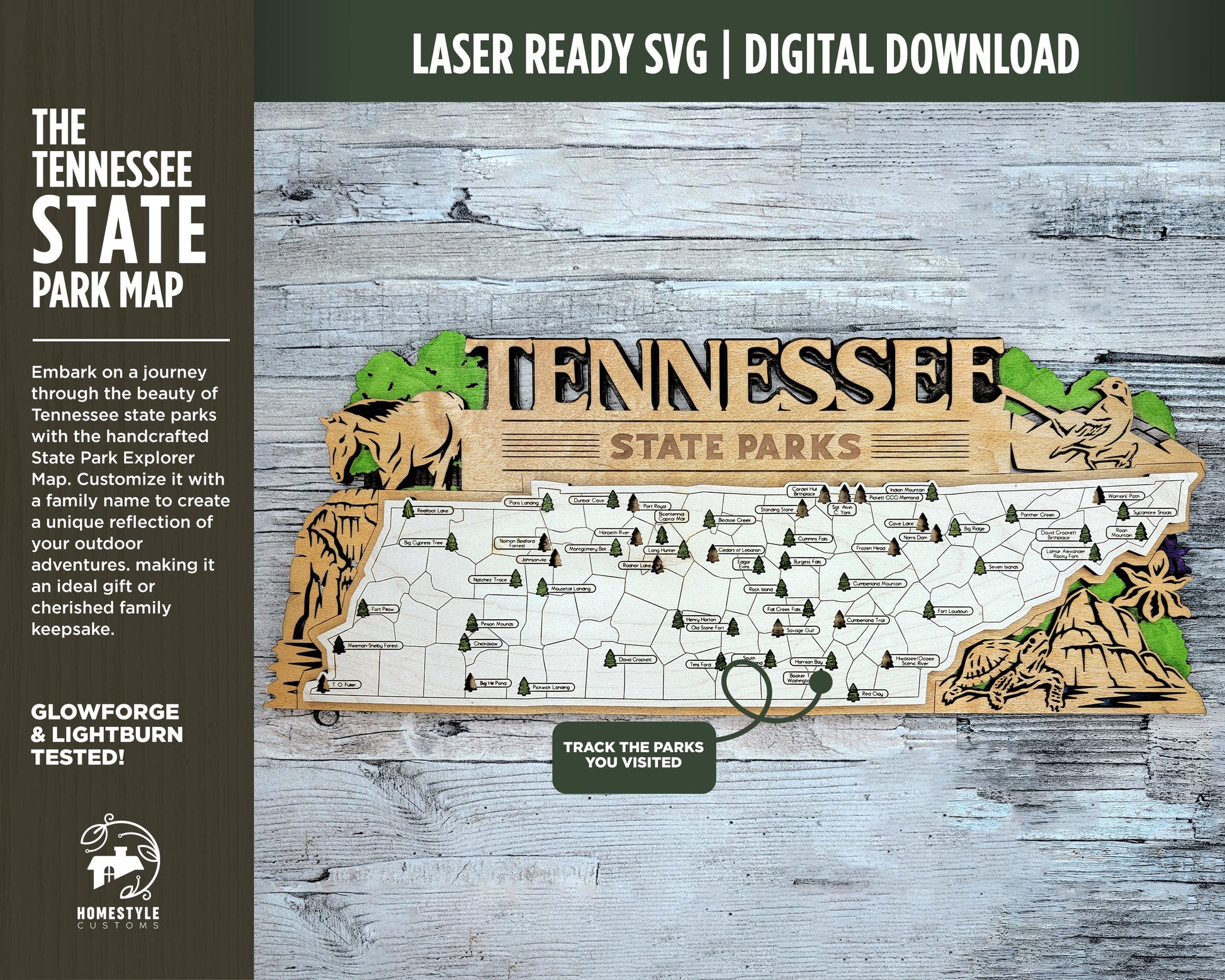 The Tennessee State Park Map - Custom and Non Customizable Options - SVG, PDF File Download - Tested in Lightburn and Glowforge & Xtool