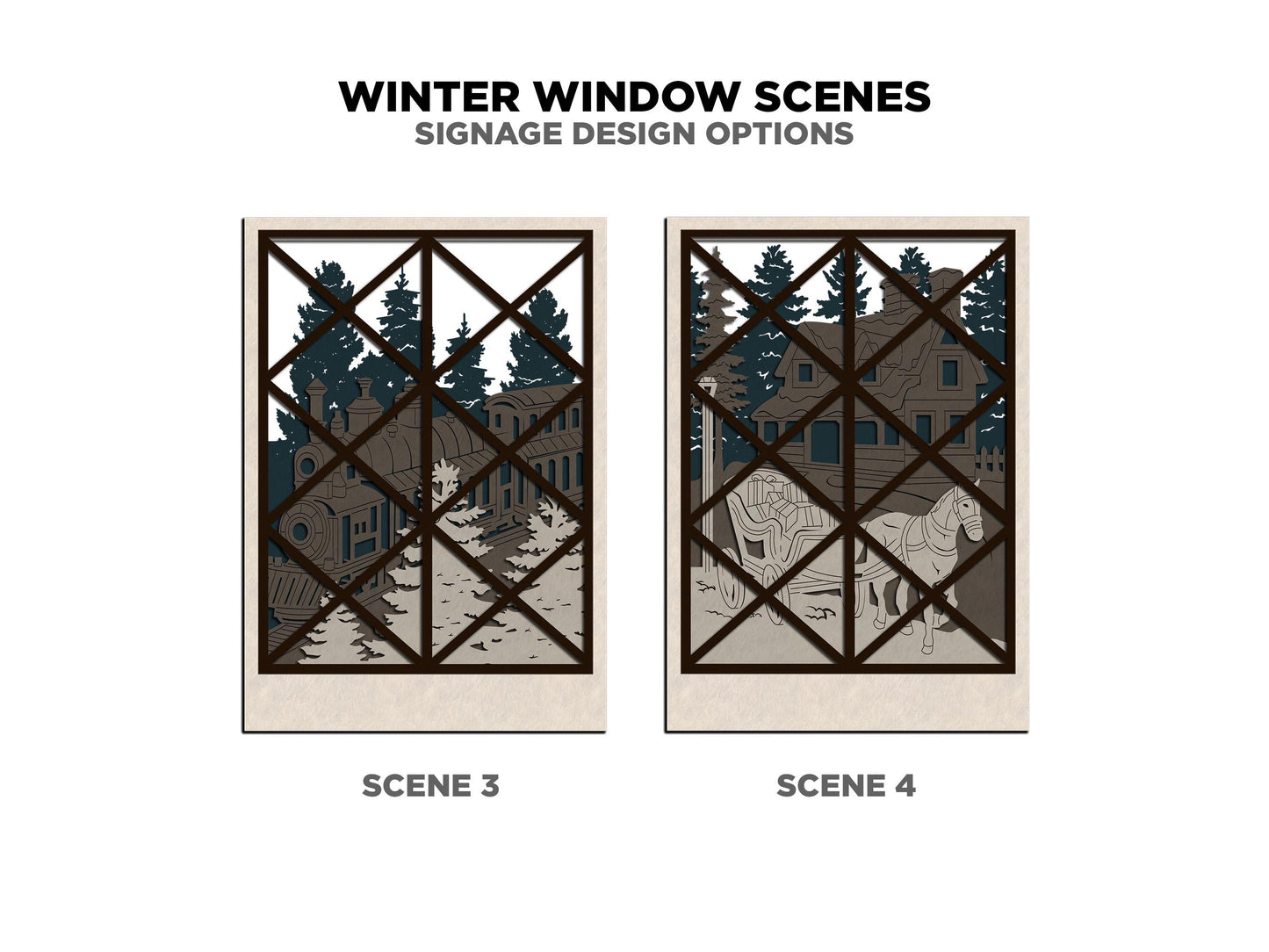 Winter Window Scenes - 5 Layered Ornaments and Signage Laser Designs - SVG, PDF, AI File Download - Works with all Lasers