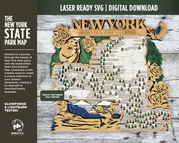 The New York State Park Map - Custom and Non Customizable Options - SVG, PDF File Download - Tested in Lightburn and Glowforge