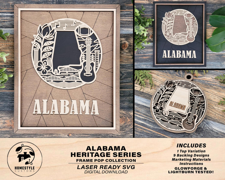 Alabama State Heritage Series - FramePop Collection - Ornaments and Signage - SVG, PDF, ai File Download - Works with all Lasers