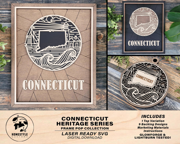 Connecticut State Heritage Series - FramePop Collection - Ornaments and Signage - SVG, PDF, ai File Download - Works with all Lasers