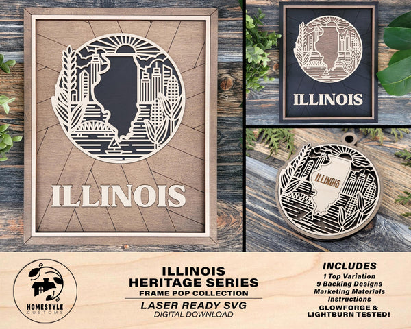 Illinois State Heritage Series - FramePop Collection - Ornaments and Signage - SVG, PDF, ai File Download - Works with all Lasers
