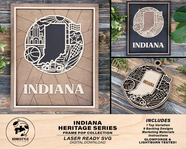 Indiana State Heritage Series - FramePop Collection - Ornaments and Signage - SVG, PDF, ai File Download - Works with all Lasers