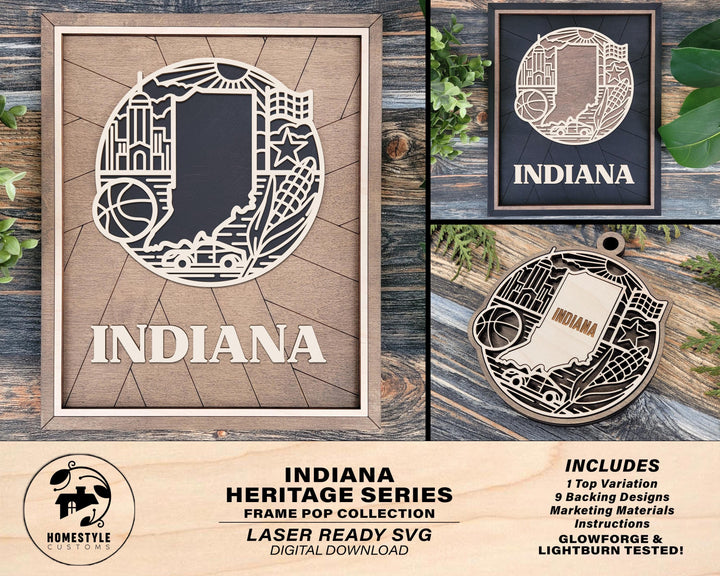 Indiana State Heritage Series - FramePop Collection - Ornaments and Signage - SVG, PDF, ai File Download - Works with all Lasers