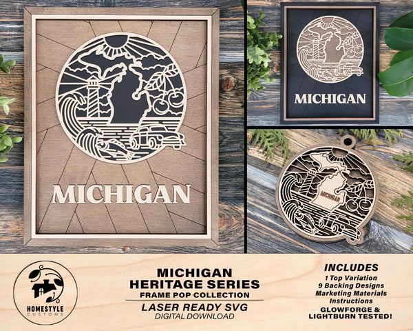 Michigan State Heritage Series - FramePop Collection - Ornaments and Signage - SVG, PDF, ai File Download - Works with all Lasers