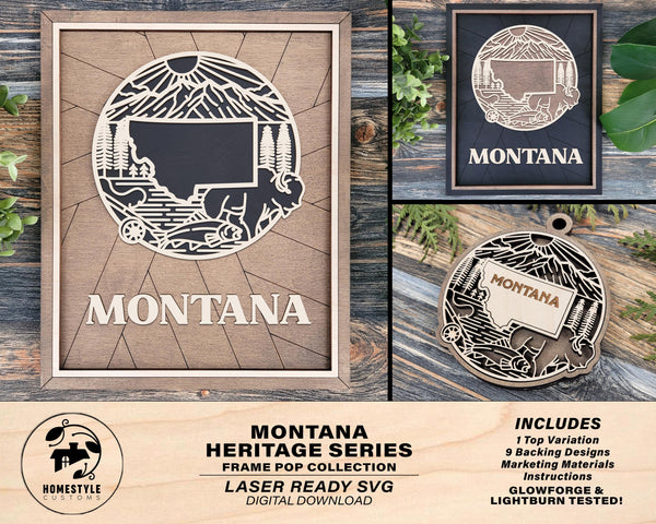 Montana State Heritage Series - FramePop Collection - Ornaments and Signage - SVG, PDF, ai File Download - Works with all Lasers