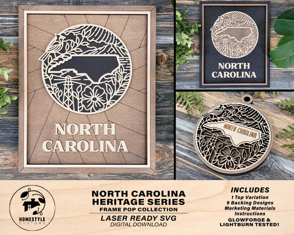 North Carolina State Heritage Series - FramePop Collection - Ornaments and Signage - SVG, PDF, ai File Download - Works with all Lasers