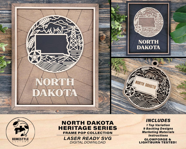 North Dakota State Heritage Series - FramePop Collection - Ornaments and Signage - SVG, PDF, ai File Download - Works with all Lasers
