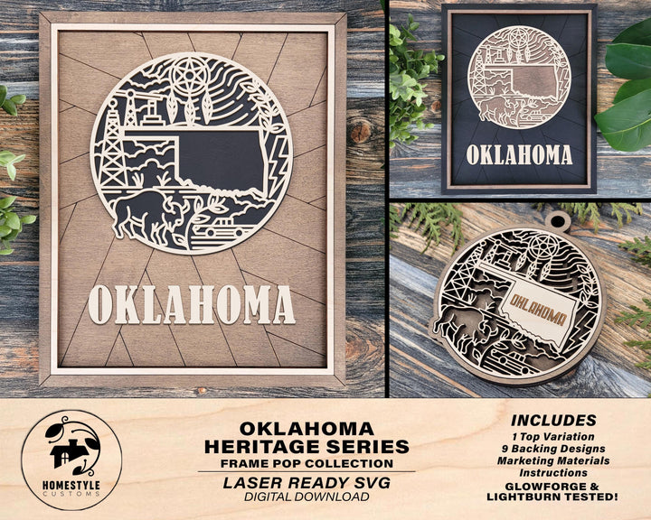 Oklahoma State Heritage Series - FramePop Collection - Ornaments and Signage - SVG, PDF, ai File Download - Works with all Lasers
