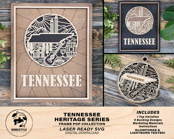 Tennessee State Heritage Series - FramePop Collection - Ornaments and Signage - SVG, PDF, ai File Download - Works with all Lasers
