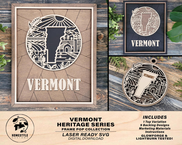 Vermont State Heritage Series - FramePop Collection - Ornaments and Signage - SVG, PDF, ai File Download - Works with all Lasers