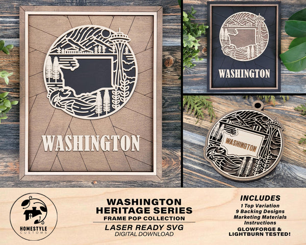 Washington State Heritage Series - FramePop Collection - Ornaments and Signage - SVG, PDF, ai File Download - Works with all Lasers