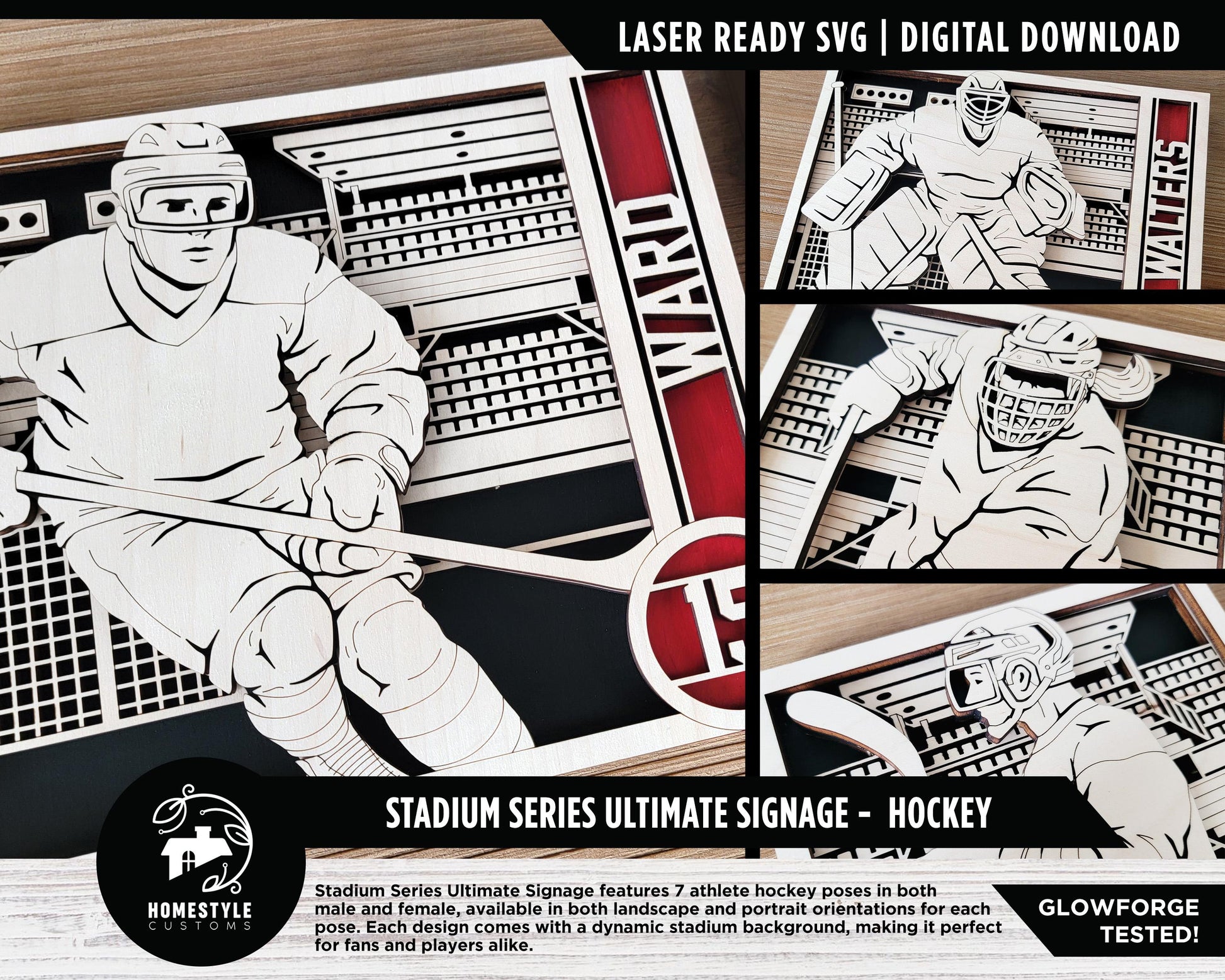 Stadium Series Ultimate Signage - Hockey - 7 poses Male and Female - 2 orientations - 28 designs - Works with all Laser Types