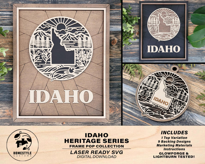 Idaho State Heritage Series - FramePop Collection - Ornaments and Signage - SVG, PDF, ai File Download - Works with all Lasers