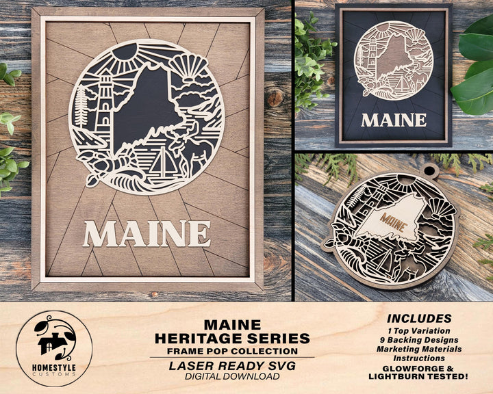 Maine State Heritage Series - FramePop Collection - Ornaments and Signage - SVG, PDF, ai File Download - Works with all Lasers