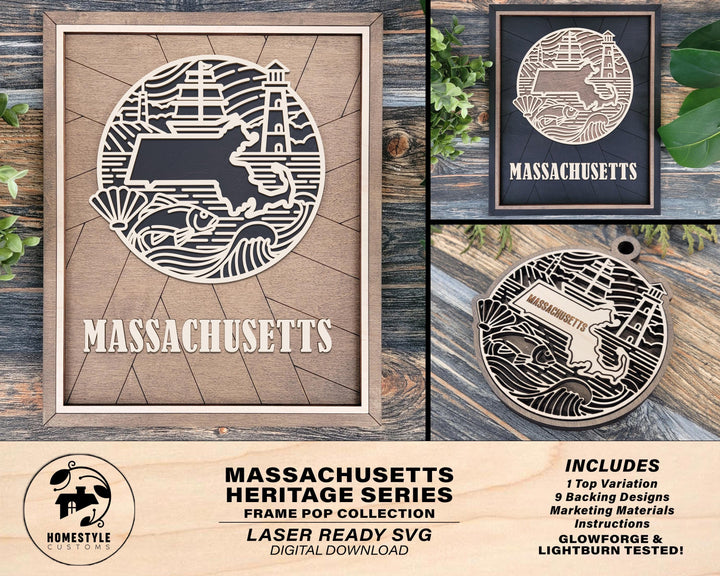 Massachusetts State Heritage Series - FramePop Collection - Ornaments and Signage - SVG, PDF, ai File Download - Works with all Lasers