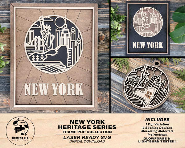 New York State Heritage Series - FramePop Collection - Ornaments and Signage - SVG, PDF, ai File Download - Works with all Lasers