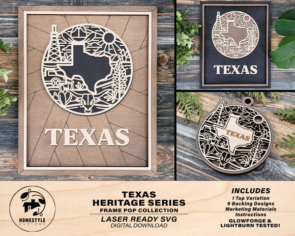 Texas State Heritage Series - FramePop Collection - Ornaments and Signage - SVG, PDF, ai File Download - Works with all Lasers