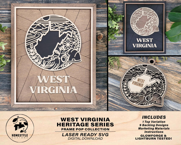West Virginia State Heritage Series - FramePop Collection - Ornaments and Signage - SVG, PDF, ai File Download - Works with all Lasers