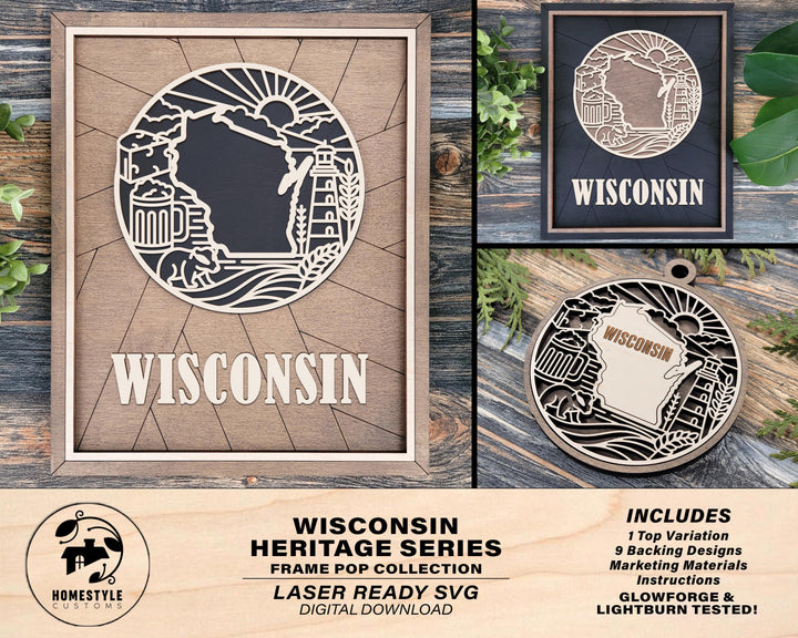 Wisconsin State Heritage Series - FramePop Collection - Ornaments and Signage - SVG, PDF, ai File Download - Works with all Lasers