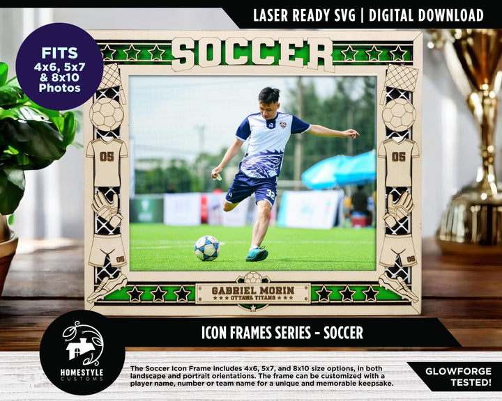 Soccer Icon Frames - Includes Frame Sizes 4x6, 5x7, 8x10 in Landscape and Portrait - Works with all Lasers