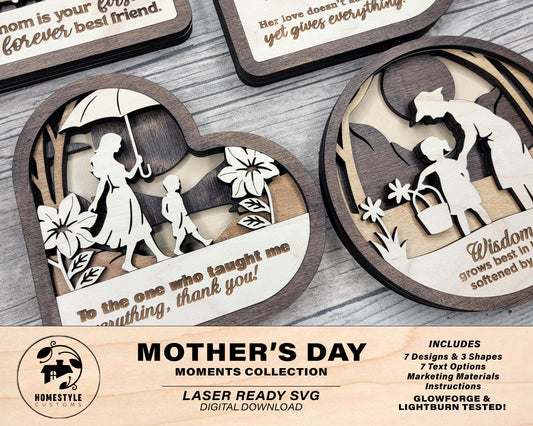Mother Day Moments Collection - 7 Designs and 3 Shapes 7 Text Options - SVG, PDF, AI File Download - Works with all Laser Types