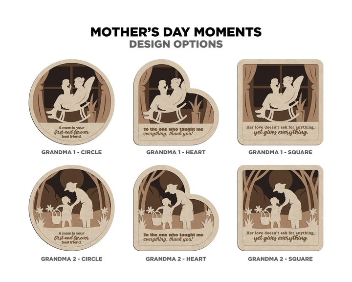 Mother Day Moments Collection - 7 Designs and 3 Shapes 7 Text Options - SVG, PDF, AI File Download - Works with all Laser Types