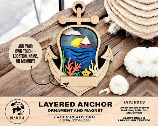 Layered Anchor - Ornament and Magnet - SVG, PDF, AI File Download - Works with all Laser Types