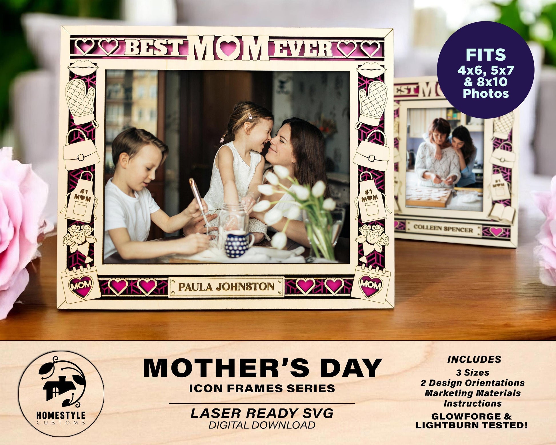 Mother's Day Icon Frames - Includes Frame Sizes 4x6, 5x7, 8x10 in Landscape and Portrait - Works with all Lasers