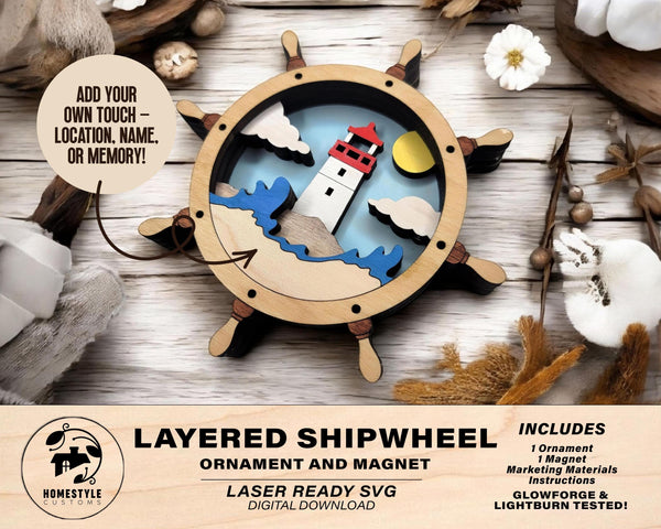 Layered Ship Wheel - Ornament and Magnet - SVG, PDF, AI File Download - Works with all Laser Types
