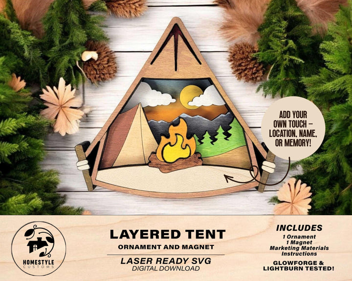 Layered Camping Tent - Ornament and Magnet - SVG, PDF, AI File Download - Works with all Laser Types