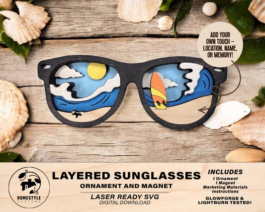 Layered Sunglasses - Ornament and Magnet - SVG, PDF, AI File Download - Works with all Laser Types