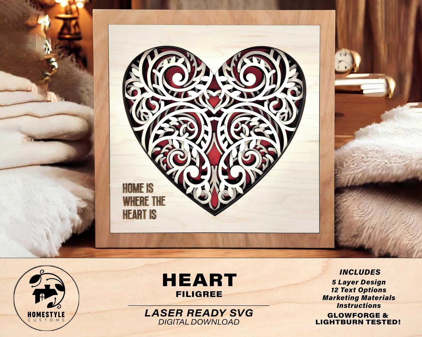 Canadian Maple Filigree - 5 Layer Design with 6 Text Options - SVG, PDF, AI File Download - Works with all Laser Types