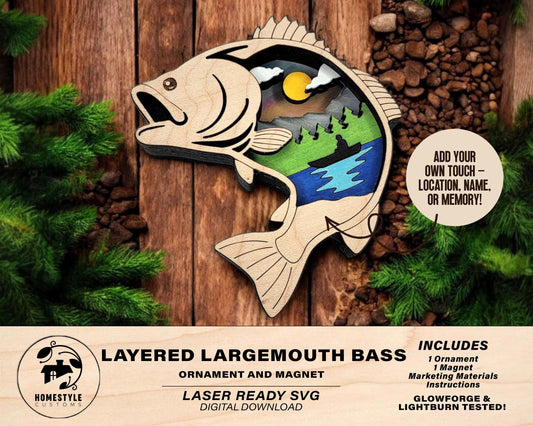 Layered Largemouth Bass - Ornament and Magnet - SVG, PDF, AI File Download - Works with all Laser Types