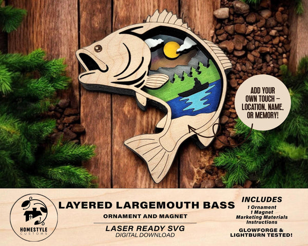 Layered Largemouth Bass - Ornament and Magnet - SVG, PDF, AI File Download - Works with all Laser Types