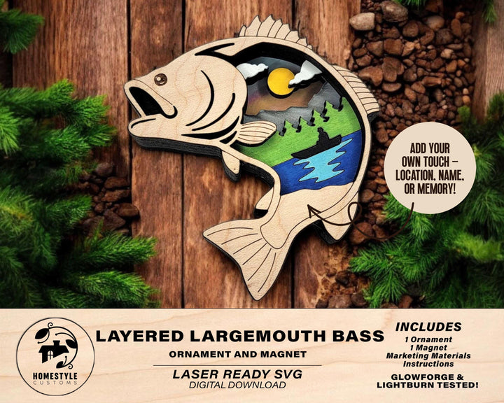 Layered Largemouth Bass - Ornament and Magnet - SVG, PDF, AI File Download - Works with all Laser Types