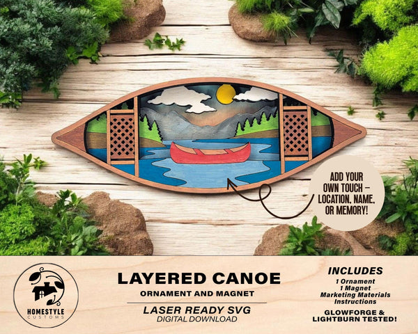 Layered Canoe - Ornament and Magnet - SVG, PDF, AI File Download - Works with all Laser Types